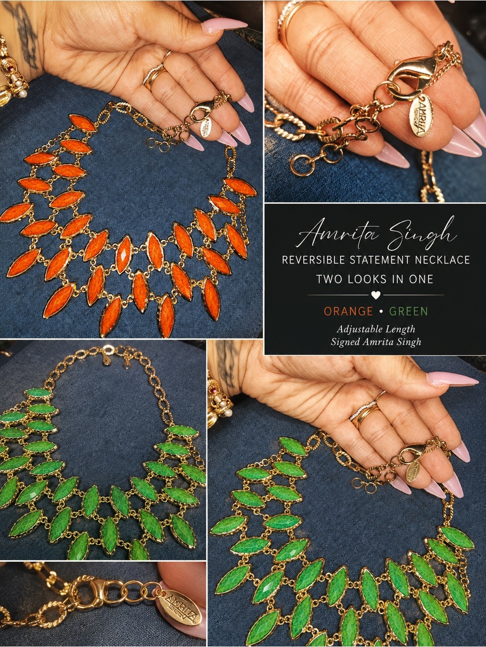 Amrita Singh Revers. Orange & Green Statement Bib necklace | 2in1 Designer Je